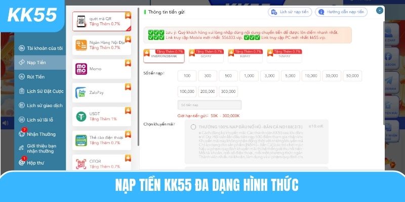 Nạp tiền KK55 đa dạng hình thức